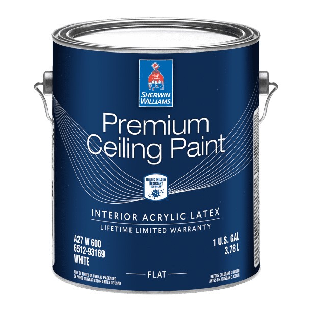 A blue labeled can of Sherwin-Williams Premium Ceiling paint.